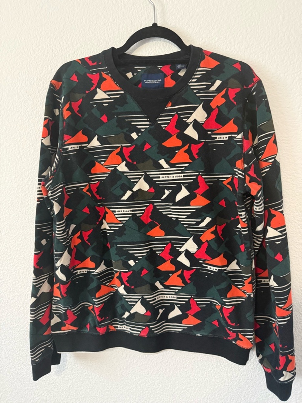Scotch & Soda Men's Patterned Crewneck Sweater - Green/Orange/Red/Cream/Black M1
